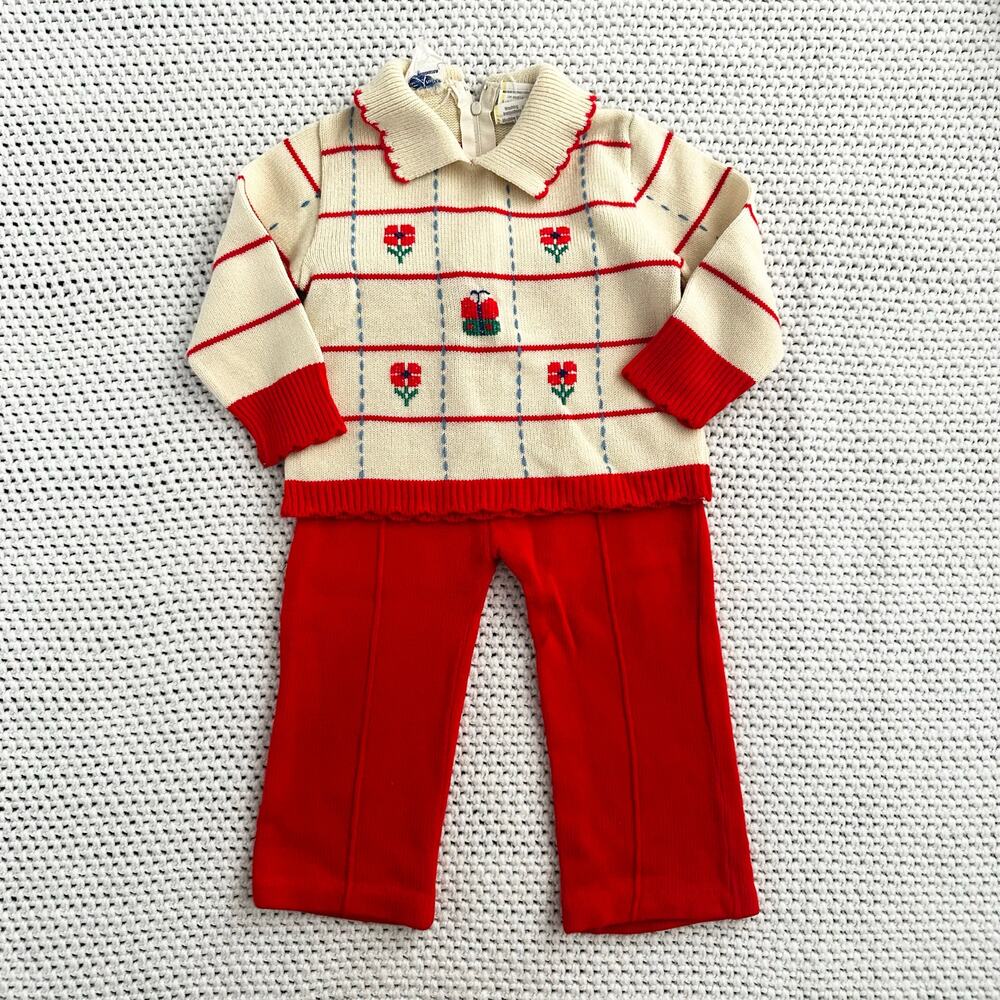Little Angel Red Cream Two Piece Cottage Floral Knit Sweater Pants Set 2 Toddler - Picture 9 of 9